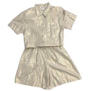 VTG LAURA & JAYNE womens gold metallic matching set culotte shorts top 12 14 *